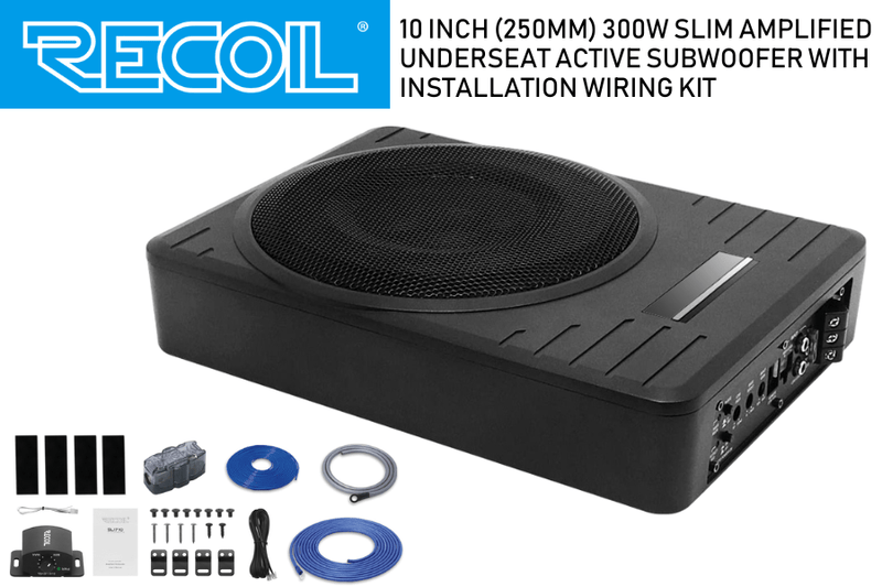SL1710 Recoil 10″ 300 Watts Max Power Under Seat Slim Amplified Car Subwoofer with Remote Control and Installation Wiring Kits (Open Box)