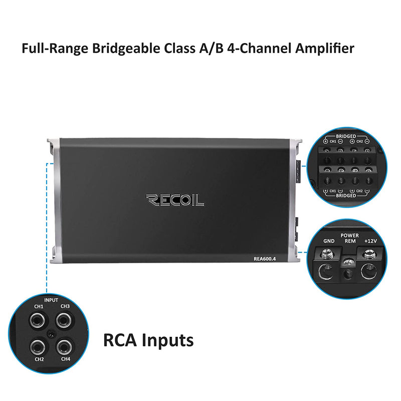 RECOIL REA600.4 4x130W Class AB, 4 Channel, Full Range Amplifier