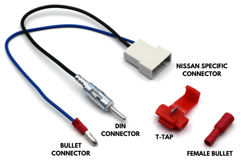 Nissan (grey rectangle to DIN connector) antenna adapter (male/ female bullet/ T-Tap connection)