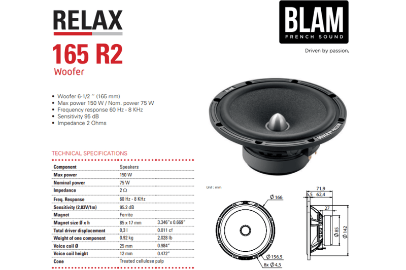 BLAM RELAX 165R3 165mm (6.5inch) 3-Way (2+1) Separate-Channel Loudspeaker car audio System (PAIR)