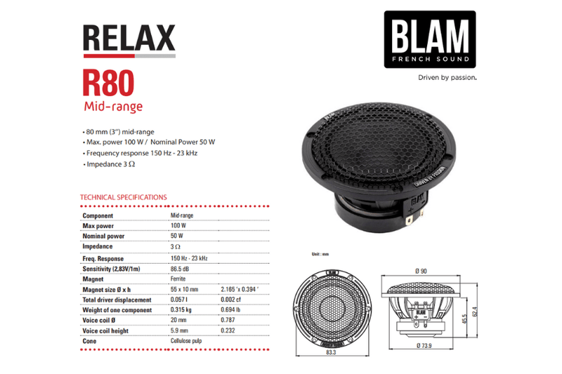 BLAM RELAX 165R3 165mm (6.5inch) 3-Way (2+1) Separate-Channel Loudspeaker car audio System (PAIR)