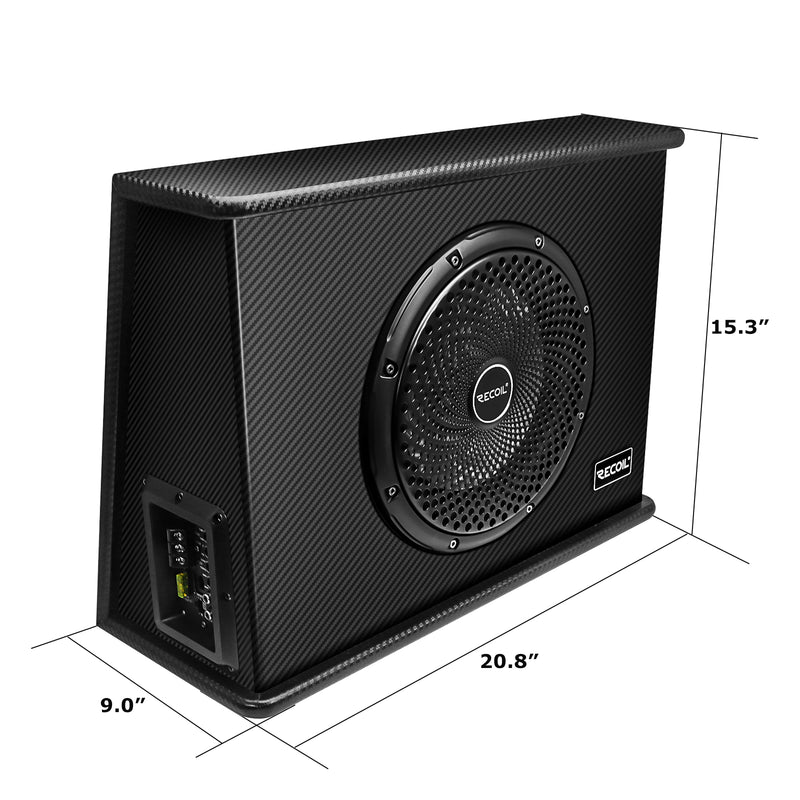Recoil 12-inch (305mm) Active Subwoofer with Built-in 600W Amplifier and Installation Wiring Kit.