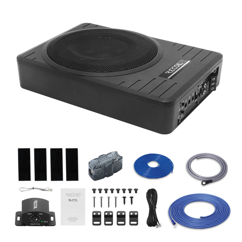 SL1710 Recoil 10″ 300 Watts Max Power Under Seat Slim Amplified Car Subwoofer with Remote Control and Installation Wiring Kits
