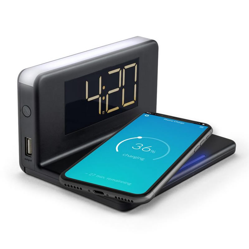 Alarm clock with qi wireless charging pad & USB output - black by CAS - CarAudioStuff