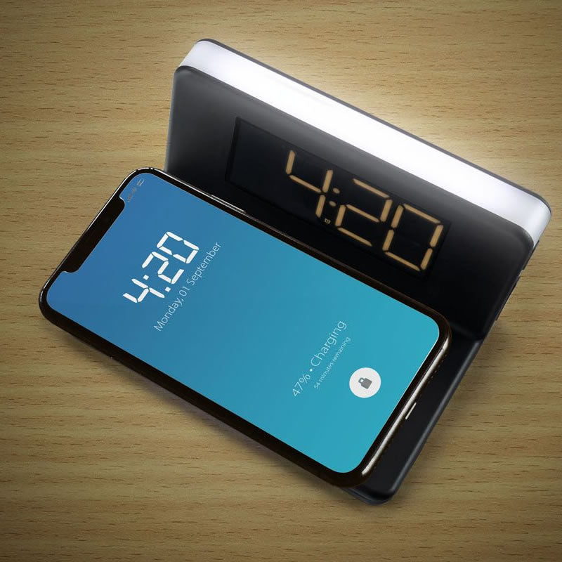Alarm clock with qi wireless charging pad & USB output - black by CAS - CarAudioStuff
