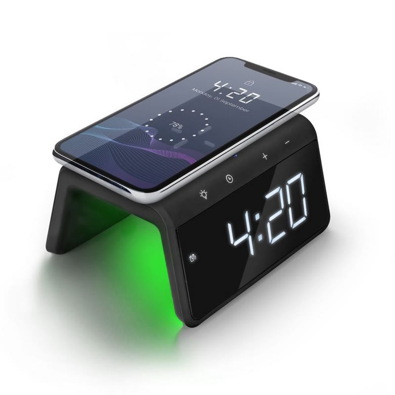 Alarm clock with qi wireless charging pad & USB output - Black by CAS - CarAudioStuff