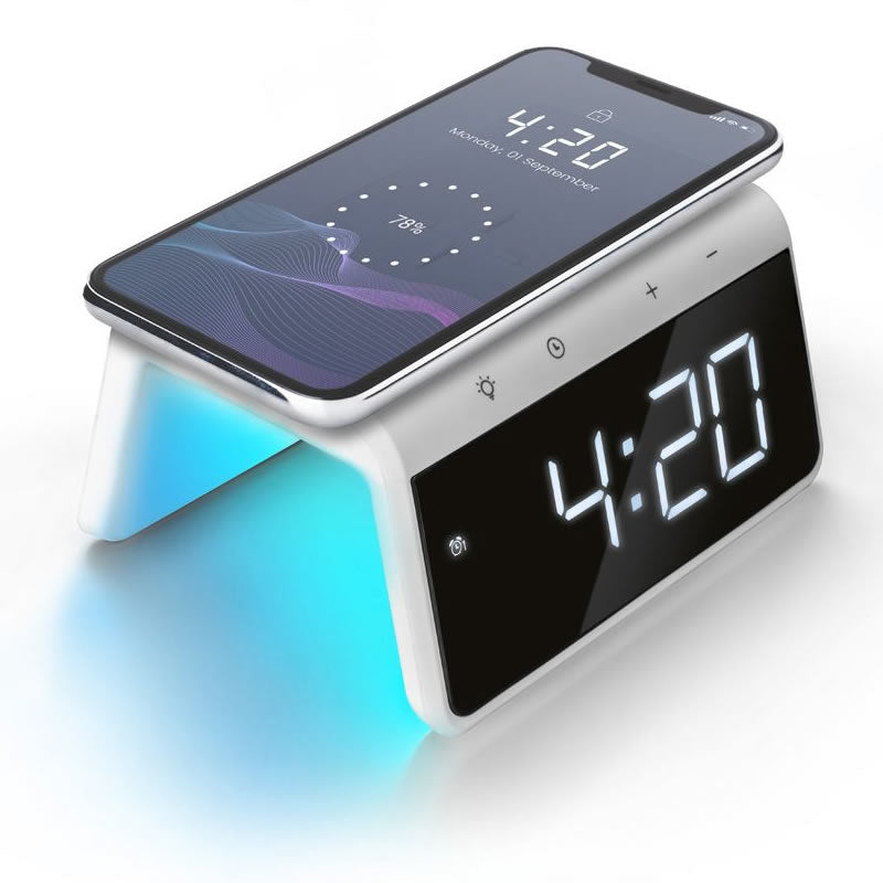 Alarm clock with qi wireless charging pad & USB output - White by CAS - CarAudioStuff
